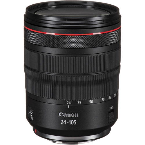 Obiectiv foto Canon RF 24-105mm, corp negru cu inel texturat roșu