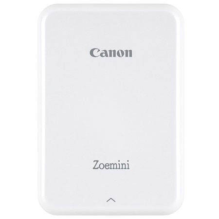Compact white photo printer with front logo and Zoemini text
