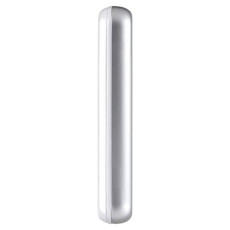 Slim side view of compact photo printer, silver and white finish