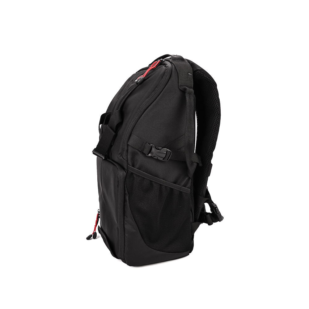 Andex 1 sling camera backpack, black side view with adjustable strap and mesh panel