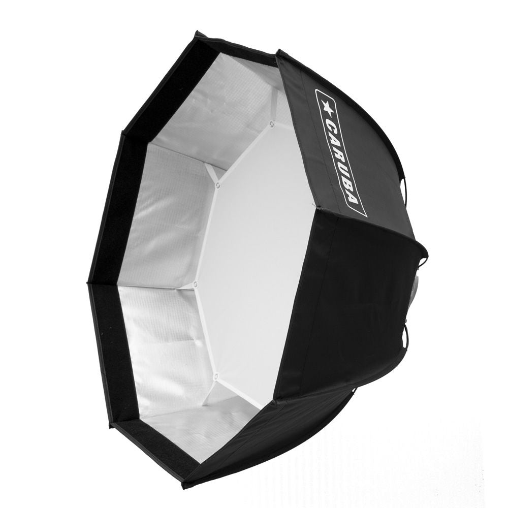 Octagonal softbox with black outer shell and white interior panels for light diffusion