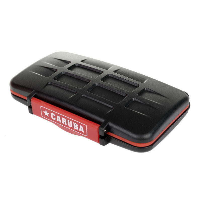 Black SD card case for 12 cards with orange/red edge and label on top