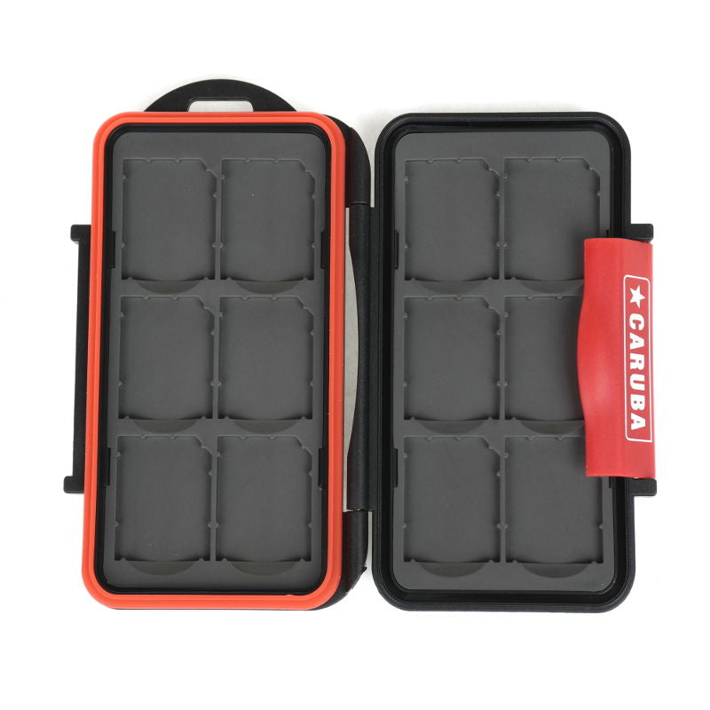 SD card case for 12 cards with orange trim, open lid showing molded 12-slot layout