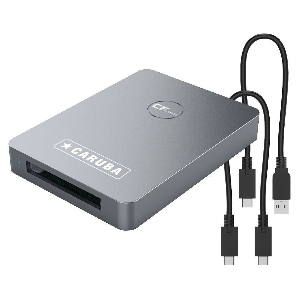 CFexpress Type B USB 3.1 card reader, gray metal enclosure with cables