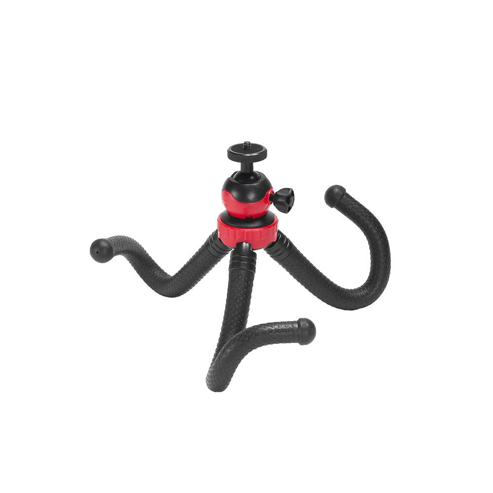 Mini tripod with red ball-head knob and curved black legs, side view