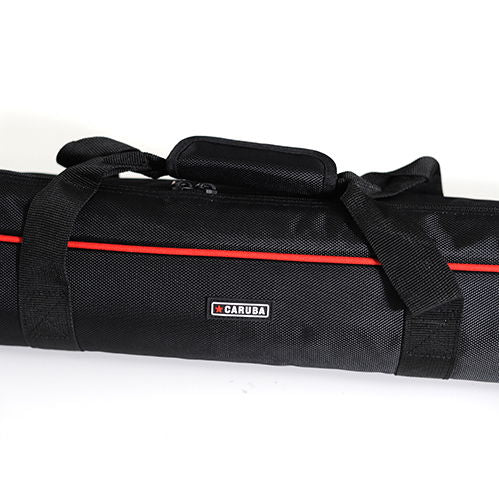 Tripod bag cover end with carry handle and logo patch, black with red stripe