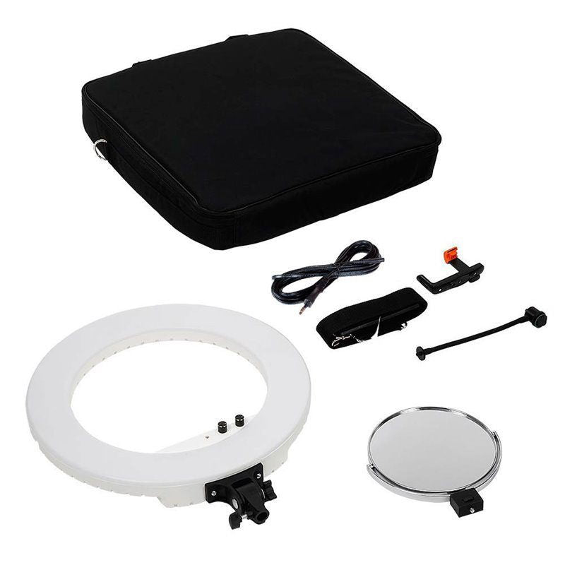 Bicolor LED ring light kit with carrying case, power cable, and phone mounting