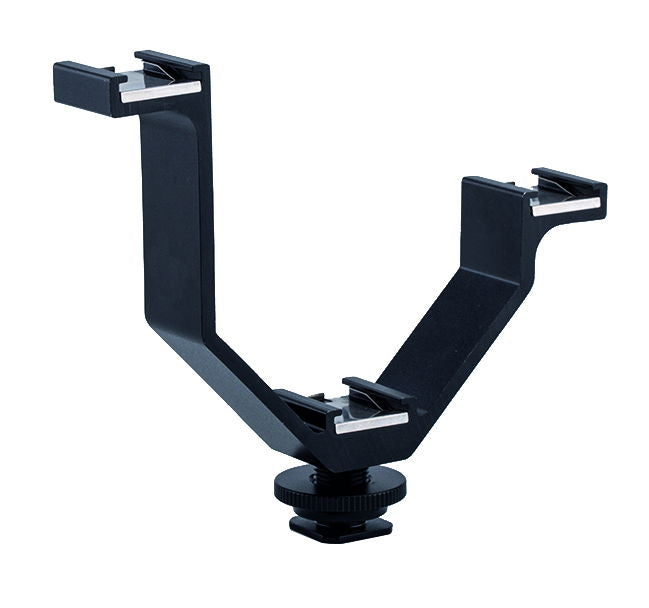 Black triple hot-shoe bracket mount with U-shaped base and three metal contact arms
