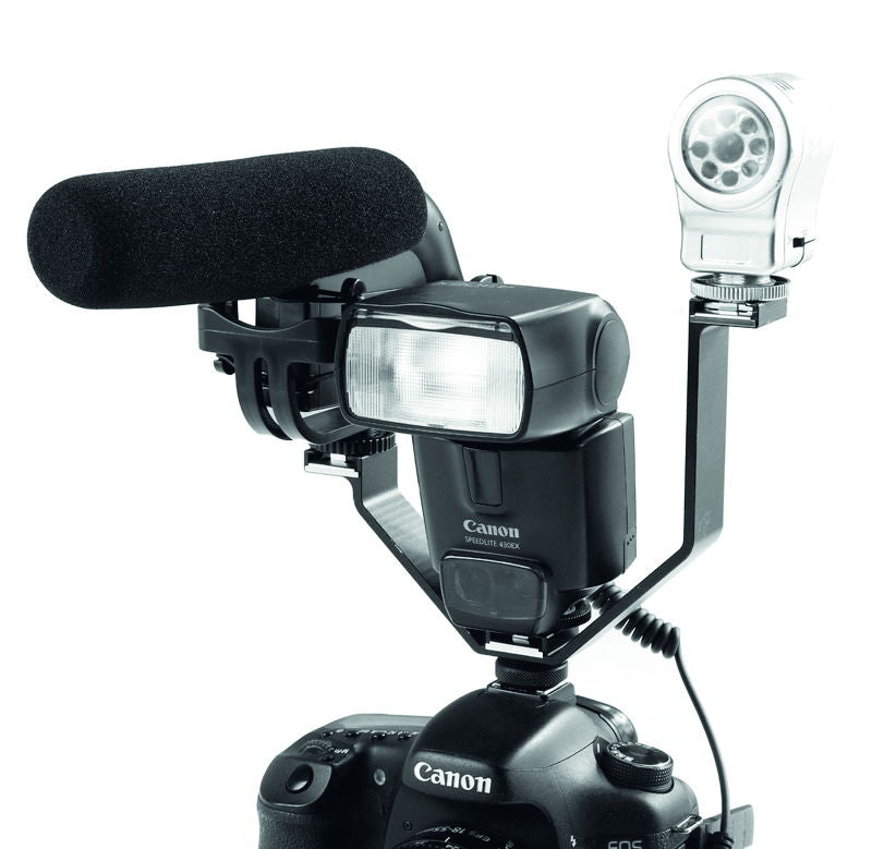 Black triple hot-shoe bracket on camera with foam handle and circular LED accessory