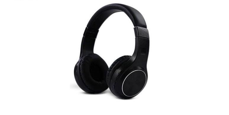 Compact angle of black foldable wireless Bluetooth over-ear headphones with padded cups