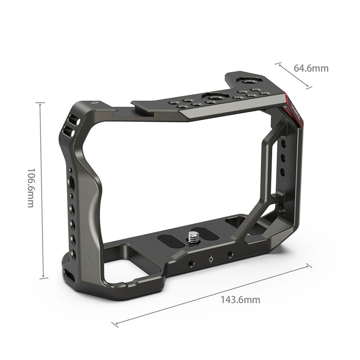 Sony A7 camera cage frame with mounting holes and base plate, side view, grey metal