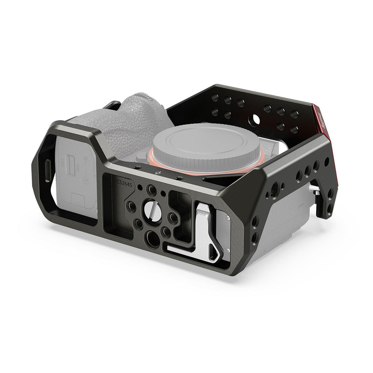 Sony A7 camera cage with top mounting plate and bottom cutouts, grey metal