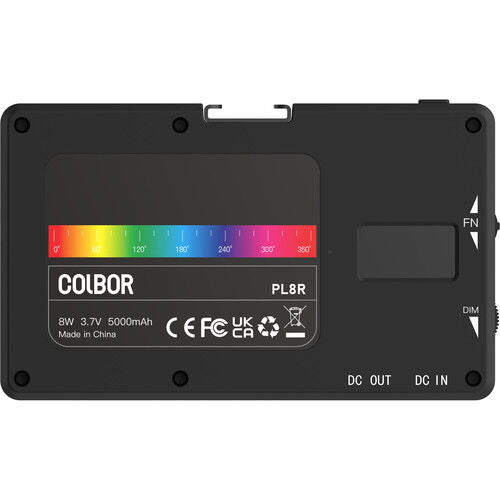 Back of portable LED RGB light showing controls, DC IN/DC OUT ports and PL8R label