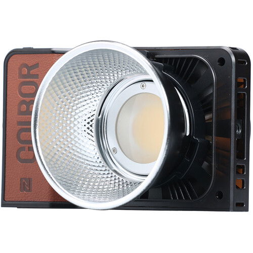 Portable 100W LED RGB light with reflective front dish and black cooling fan housing