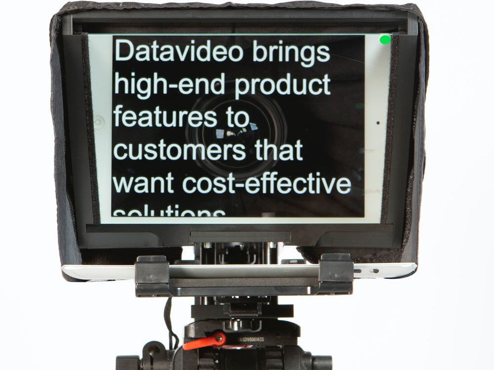 Teleprompter front view showing display panel behind adjustable hood and bracket