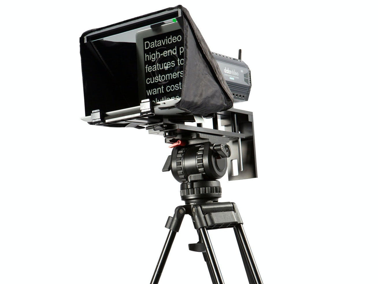 Teleprompter with hood, mounted on tripod-style stand and camera mounting base