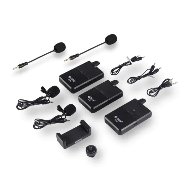 UHF wireless lavalier mic kit with two lapel microphones and several black belt packs