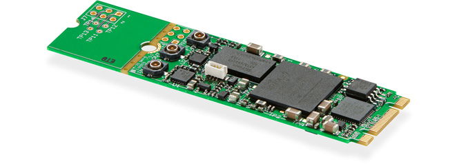 Green DeckLink SDI micro circuit board with gold edge connector and chip components