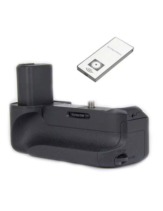 Black camera battery grip with remote control attachment and shutter release