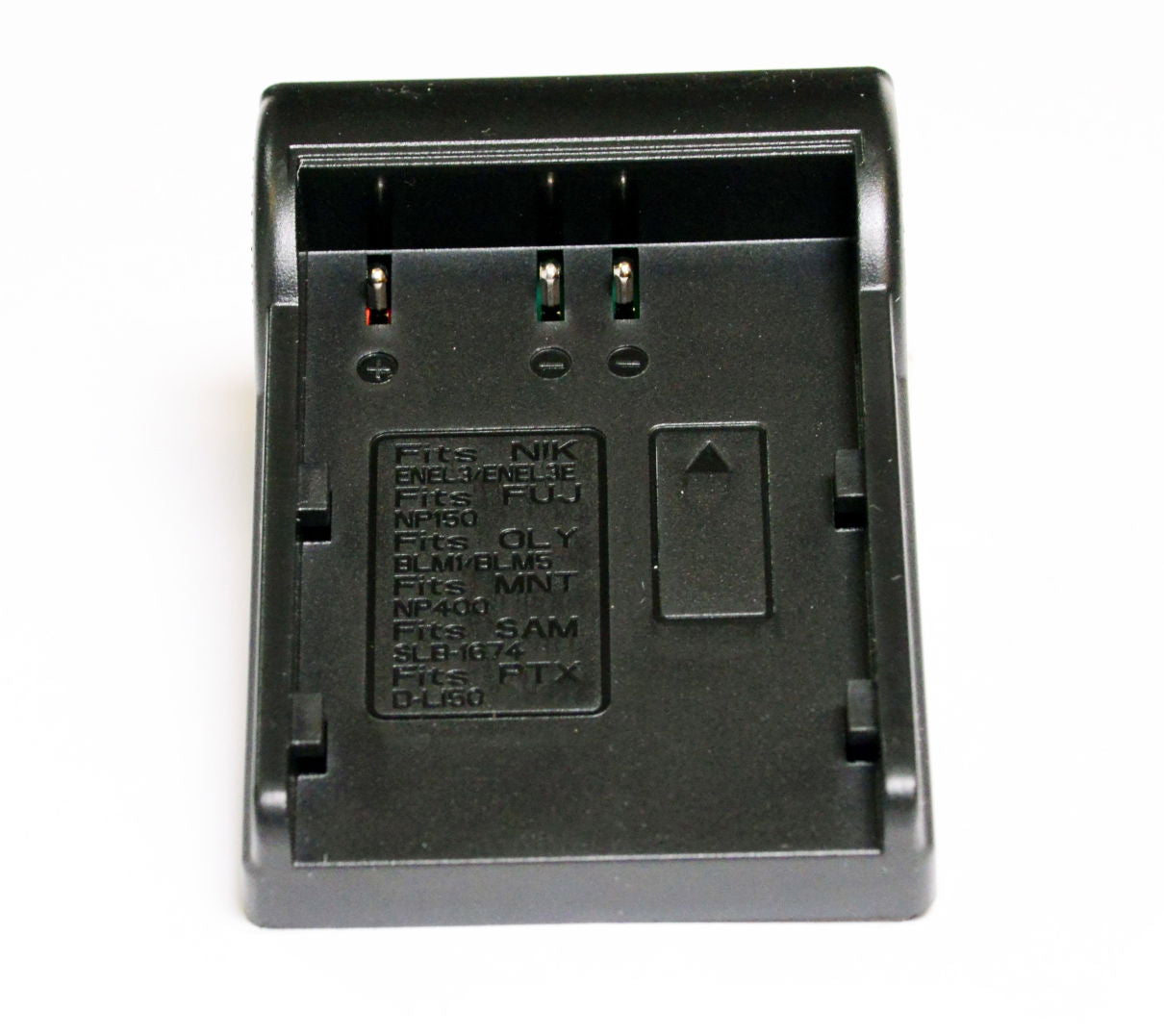 Interchangeable battery plate adapter, black with labeled battery contacts and clips