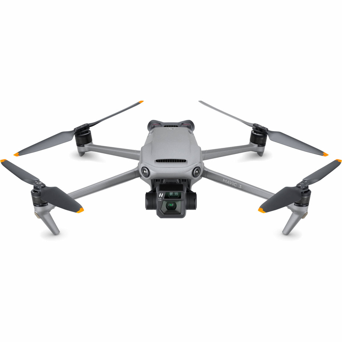 Mavic 3 drone front view with gimbal camera and four propeller arms, gray body
