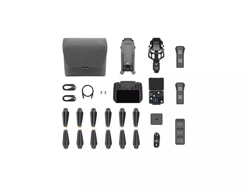 Mavic 3 Pro accessories set with controller, batteries, cables, mounts, and propellers