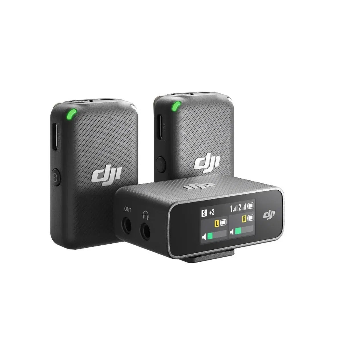 Set microfoane wireless dual: receptor și două microfoane, carcase negre, LED verde
