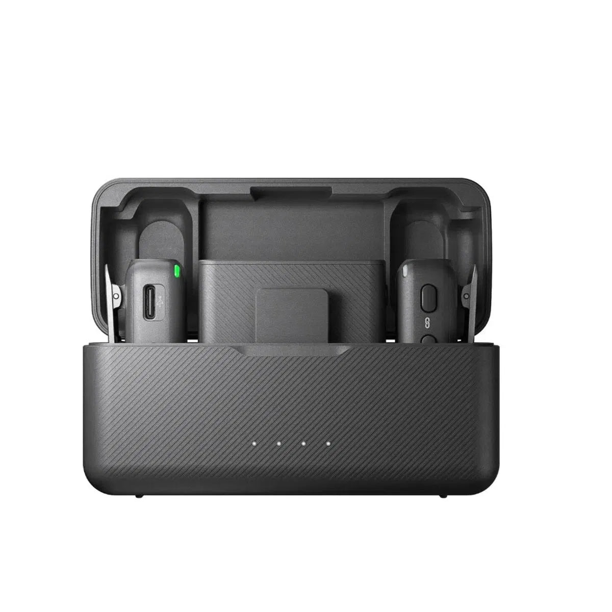 Receptor microfon wireless dual, vedere din spate; compartiment cu două microfoane