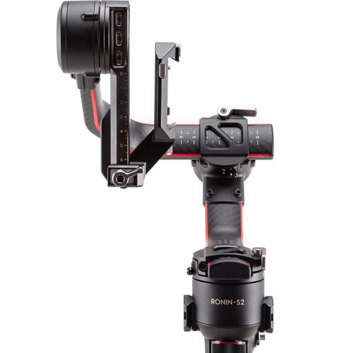 Suport vertical pentru gimbal, vedere din spate, negru cu elemente roșii