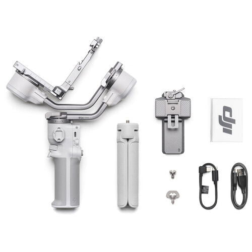 3-axis gimbal kit in light gray: handle, mount bracket, cables, and plates