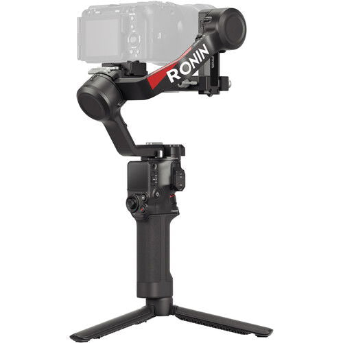 DJI RS 4 handheld gimbal stabilizer with camera mounted, dark gray base and grips