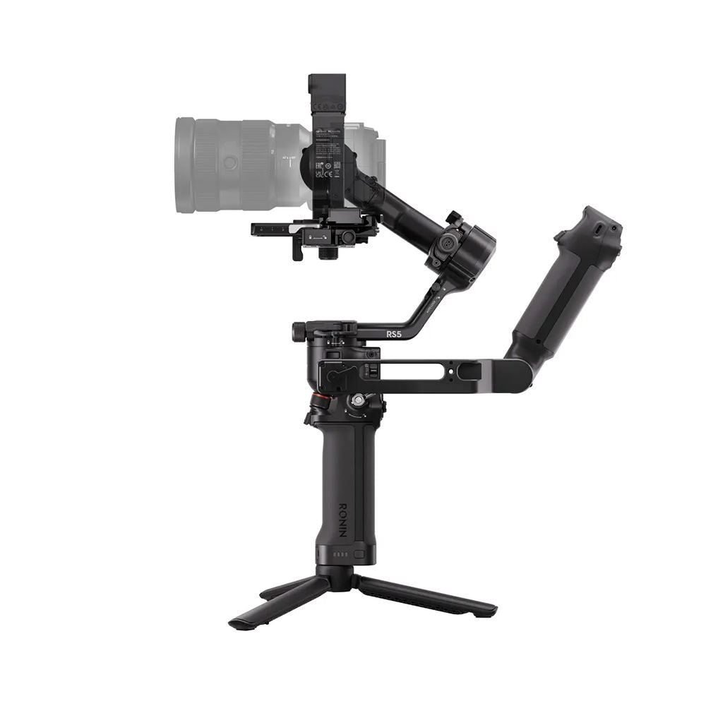 Black 3-axis handheld gimbal stabilizer with extended handle and tripod base