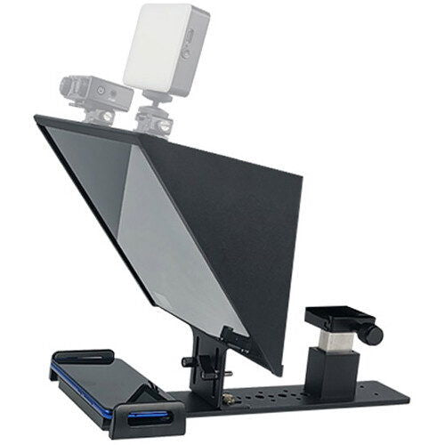 Universal teleprompter base with tilted 11-inch display and dual device mounts