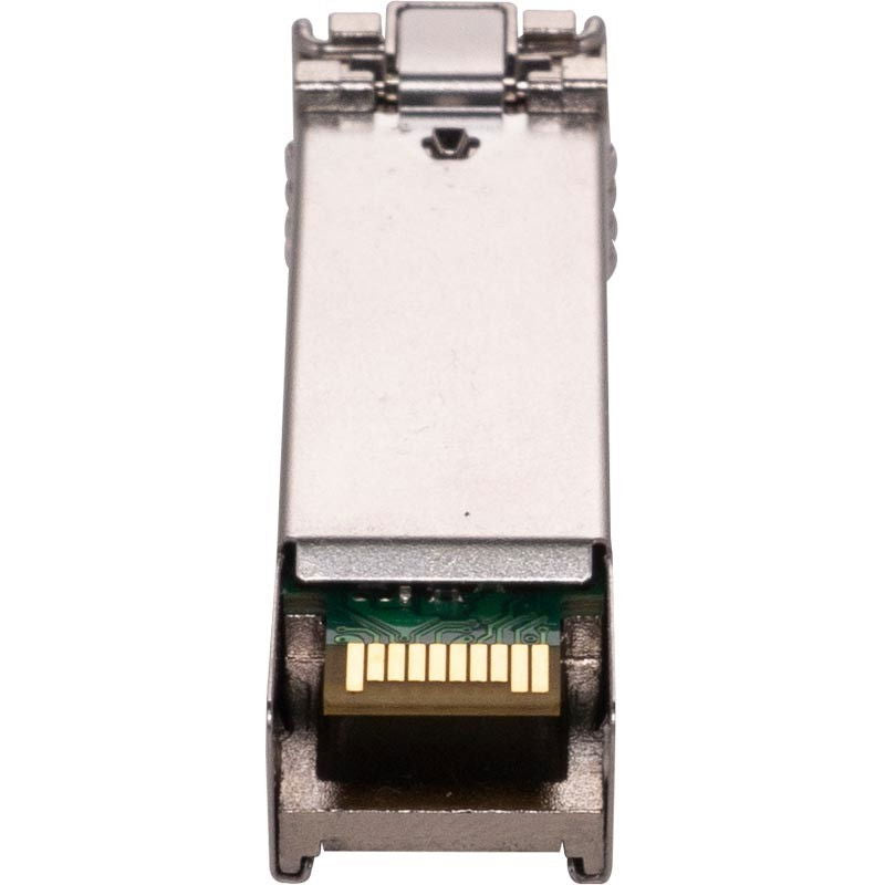 SFP transceiver underside view with gold contact pins and dark connector area