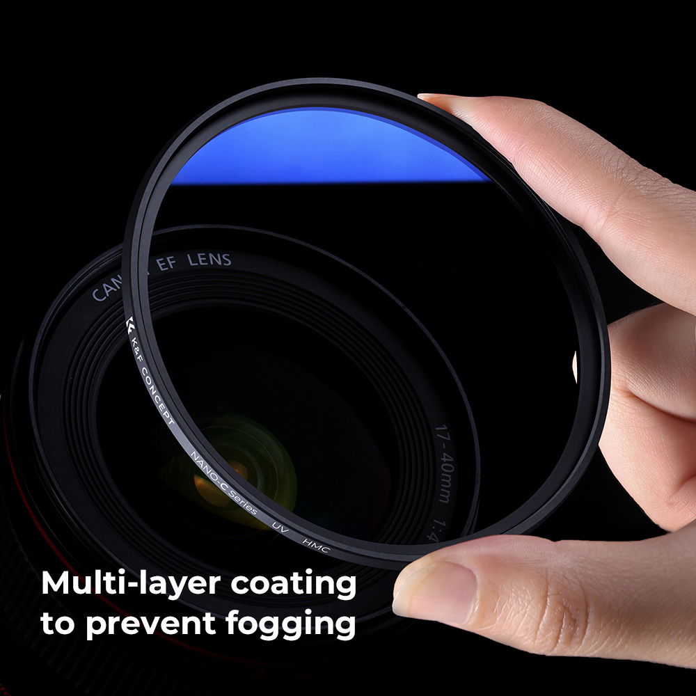 UV 77mm MC filter with multi-layer coating, held by fingers