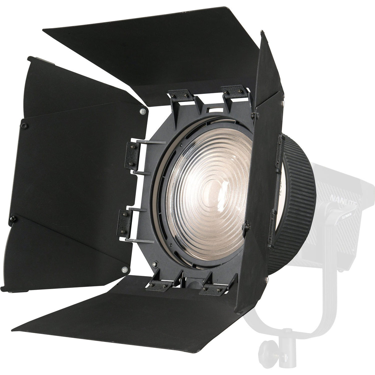 Fresnel lens with barn doors on black mount, studio lighting accessory