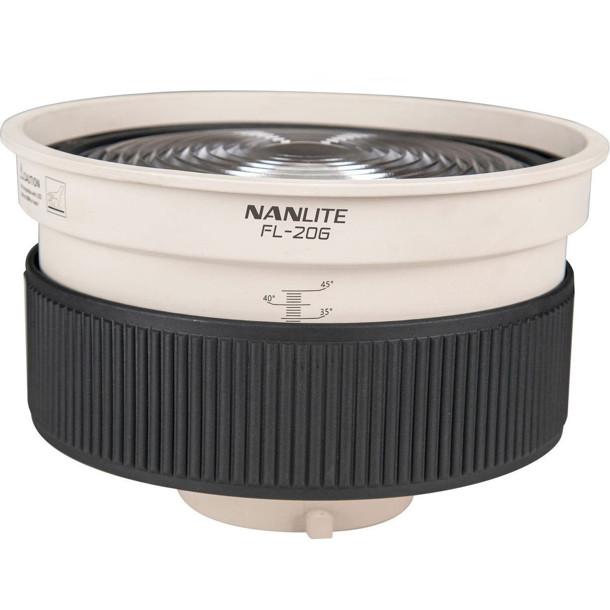 FL-20G Fresnel lens, top view of white housing and ribbed black focus ring