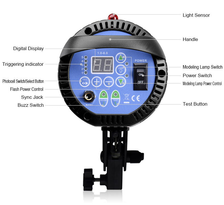 Flash head control panel with digital display, power switches, and test button