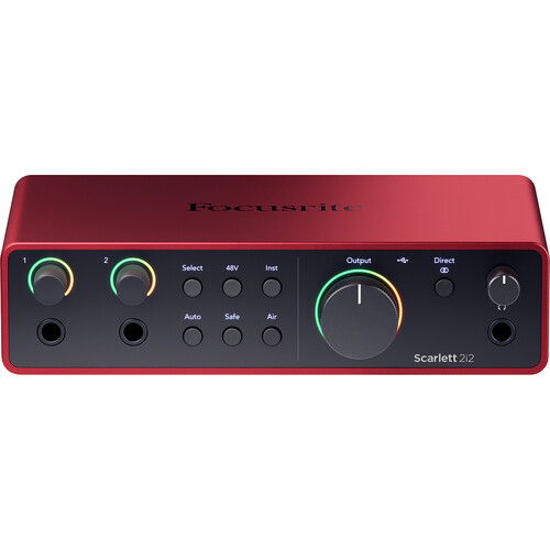 Front view of red Scarlett 2i2 USB-C audio interface, knobs and input jacks