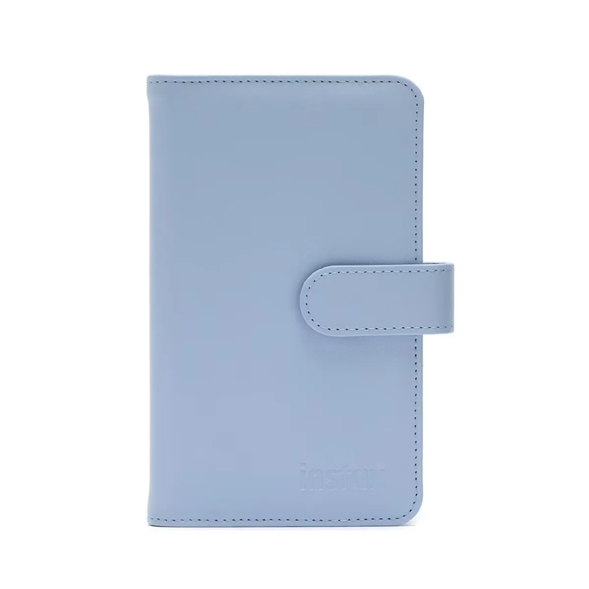 Blue Instax Mini photo album with stitched cover and front clasp strap