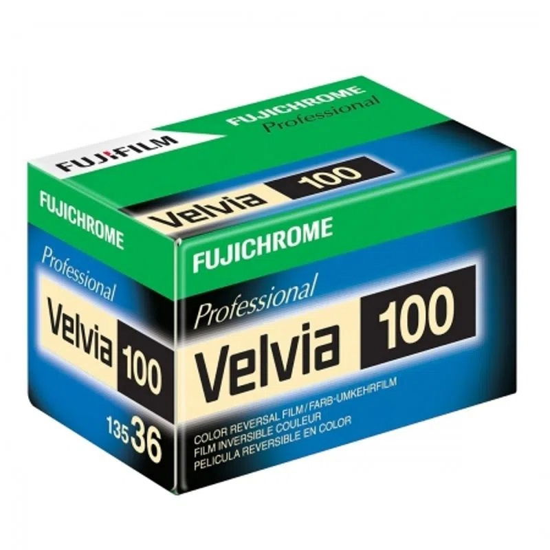 Fujichrome Velvia 100 135-36 color reversal film box, Fujifilm