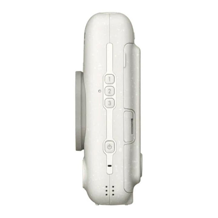 Misty white Instax mini LiPlay camera side view with buttons and port