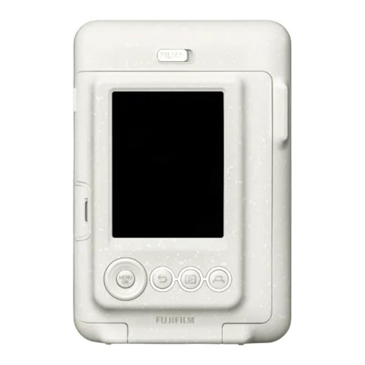 Misty white Instax mini LiPlay instant camera back with LCD screen and controls