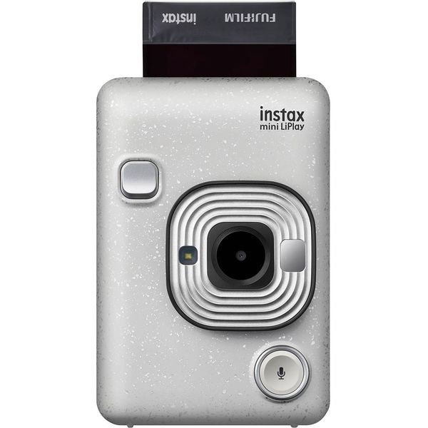 Stone white Instax mini LiPlay instant camera front, lens and microphone button