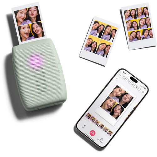Green instant photo printer beside multiple photo prints and a phone screen