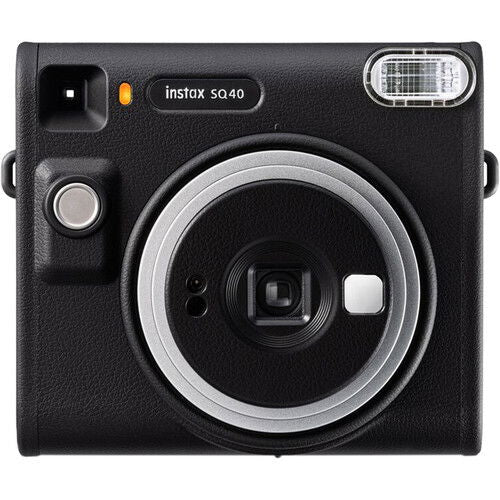 Black Instax SQ40 front view with lens, flash window, and control button