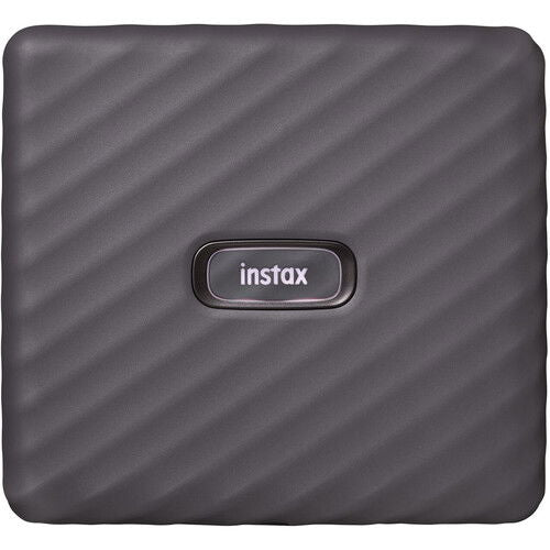 Mocha gray Instax Wide Link portable printer, close-up of instax logo
