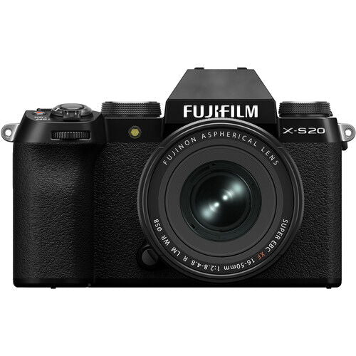 Black Fujifilm X-S20 mirrorless camera with zoom lens, straight-on front view