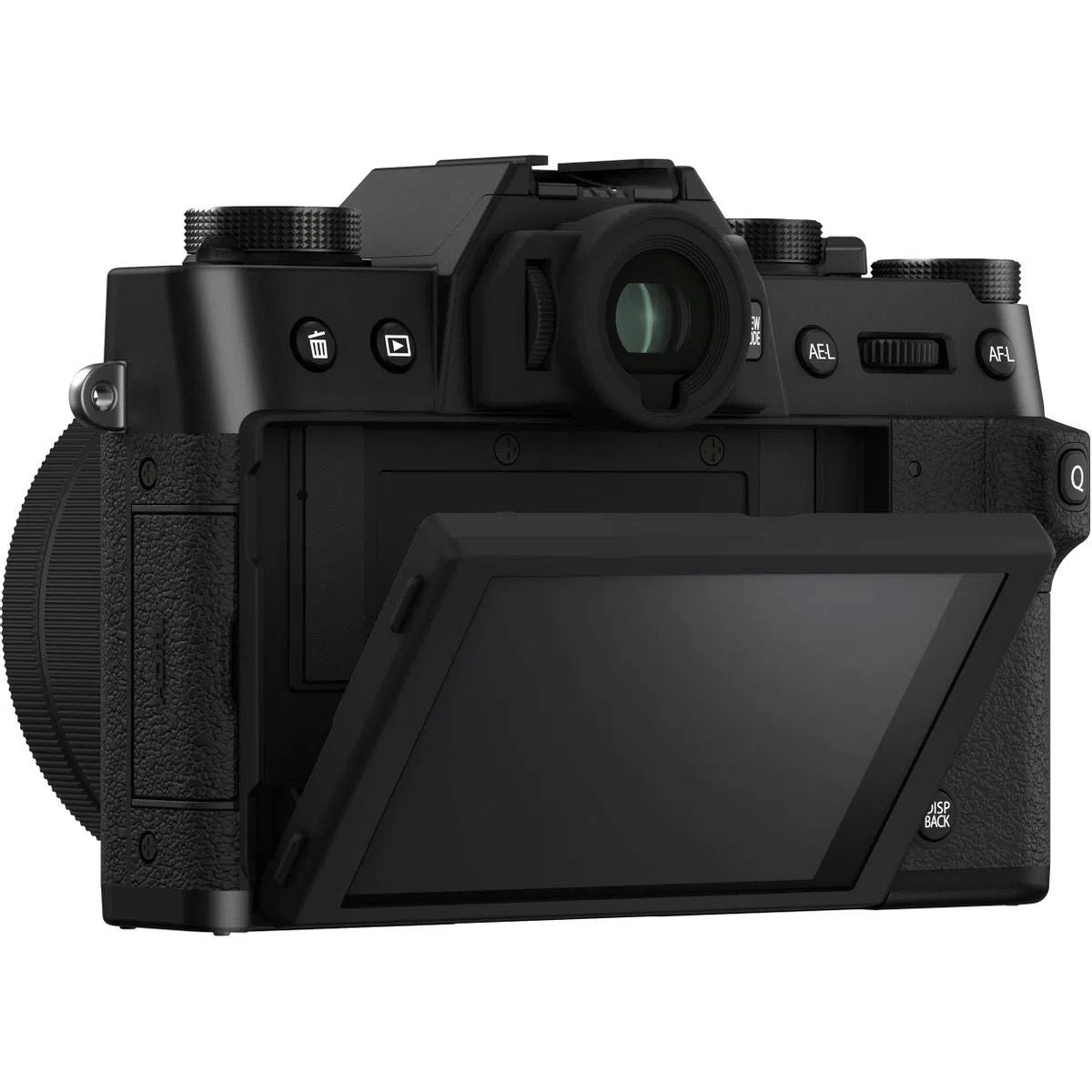 Black mirrorless camera with 15-45mm lens, angled rear view, LCD screen tilted