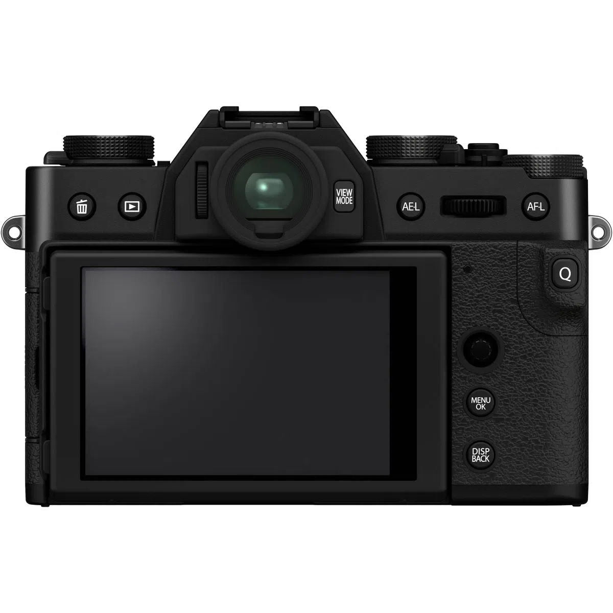 Black mirrorless camera with 15-45mm lens, top/front view, rear LCD visible